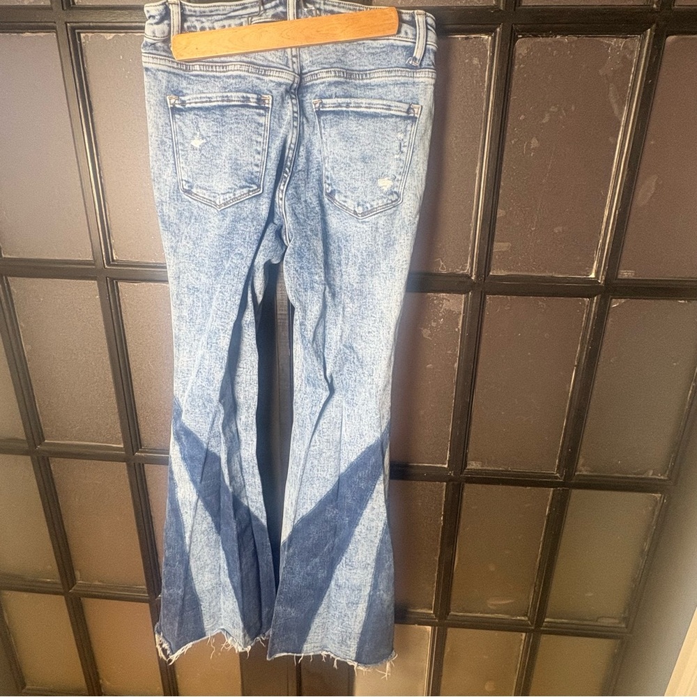 Flying Monkey Two Tone Chevron Flare Jeans Y2K Colorblock Raw Hem 28 - Picture 2 of 14